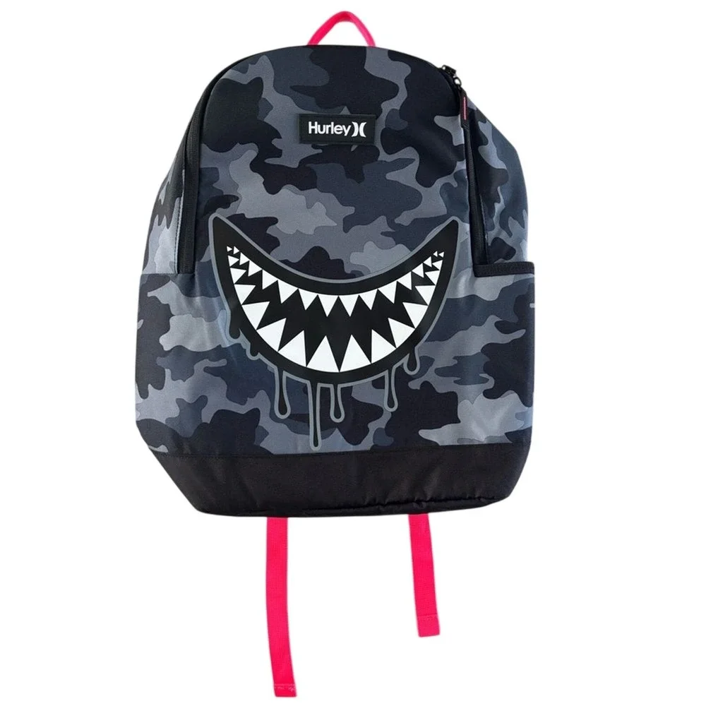 Hurley Boy's Backpack Camo Black and Gray with Graphic Shark Teeth Bite NWOT